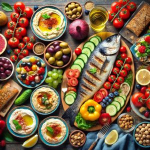 Appetizing Mediterranean diet foods displayed on a wooden table. Includes colorful dishes with a fresh Greek salad